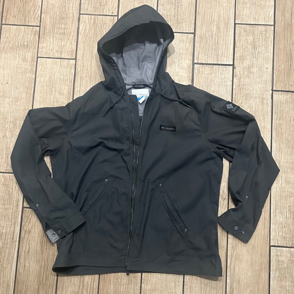 Columbia Mens XL Gray Hooded Full Zip Lightweight Jacket, no lining, outdoors